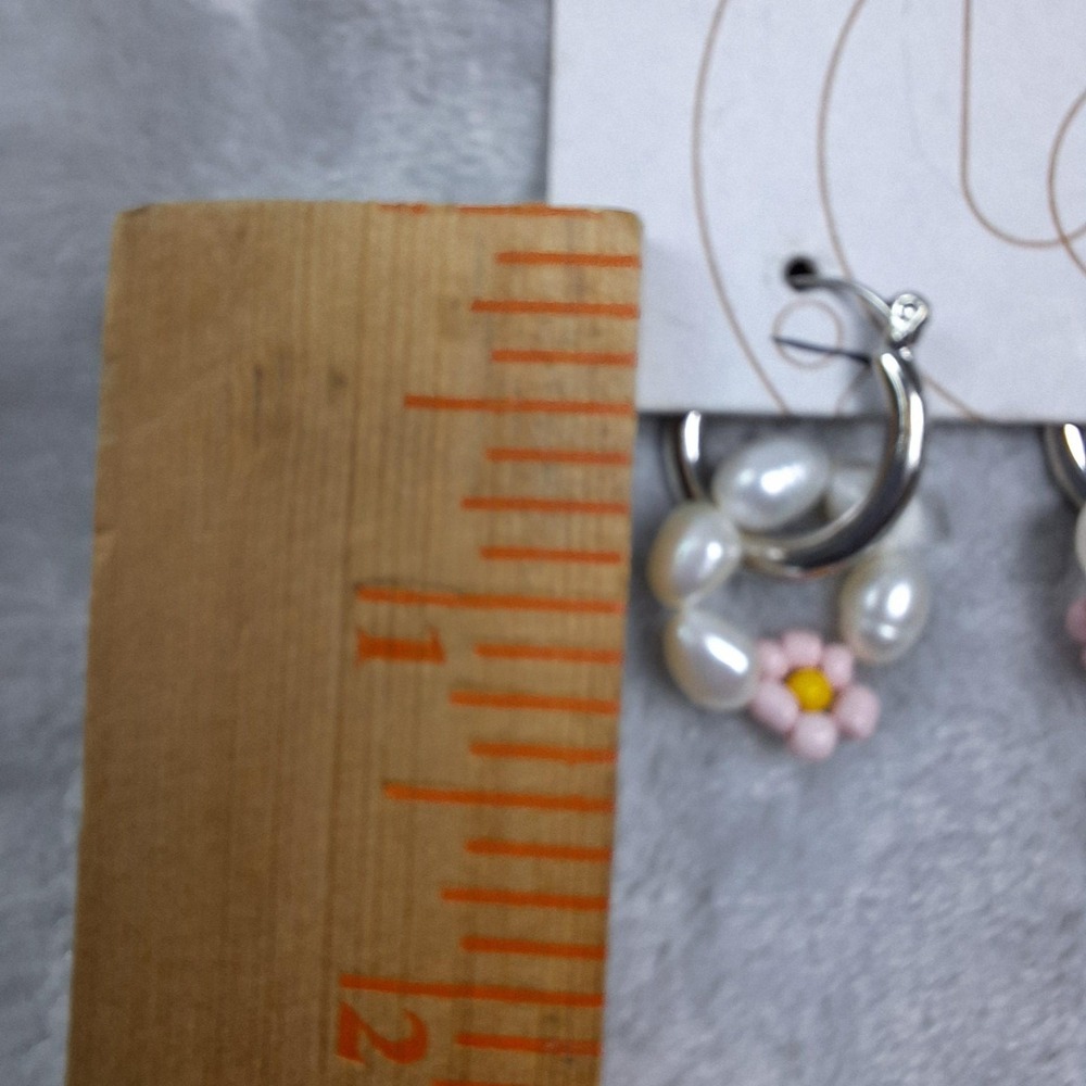 Urban Outfitters Silver Hoop Earrings with Pearls and Pink Flower Charms - Picture 4 of 5